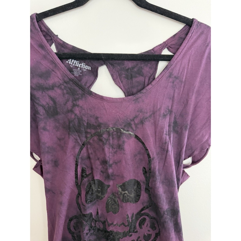 Affliction Belvedere Tie-Dye Shirt Open Back‎ Y2K Grung Purple Womens Size Small - Picture 3 of 10